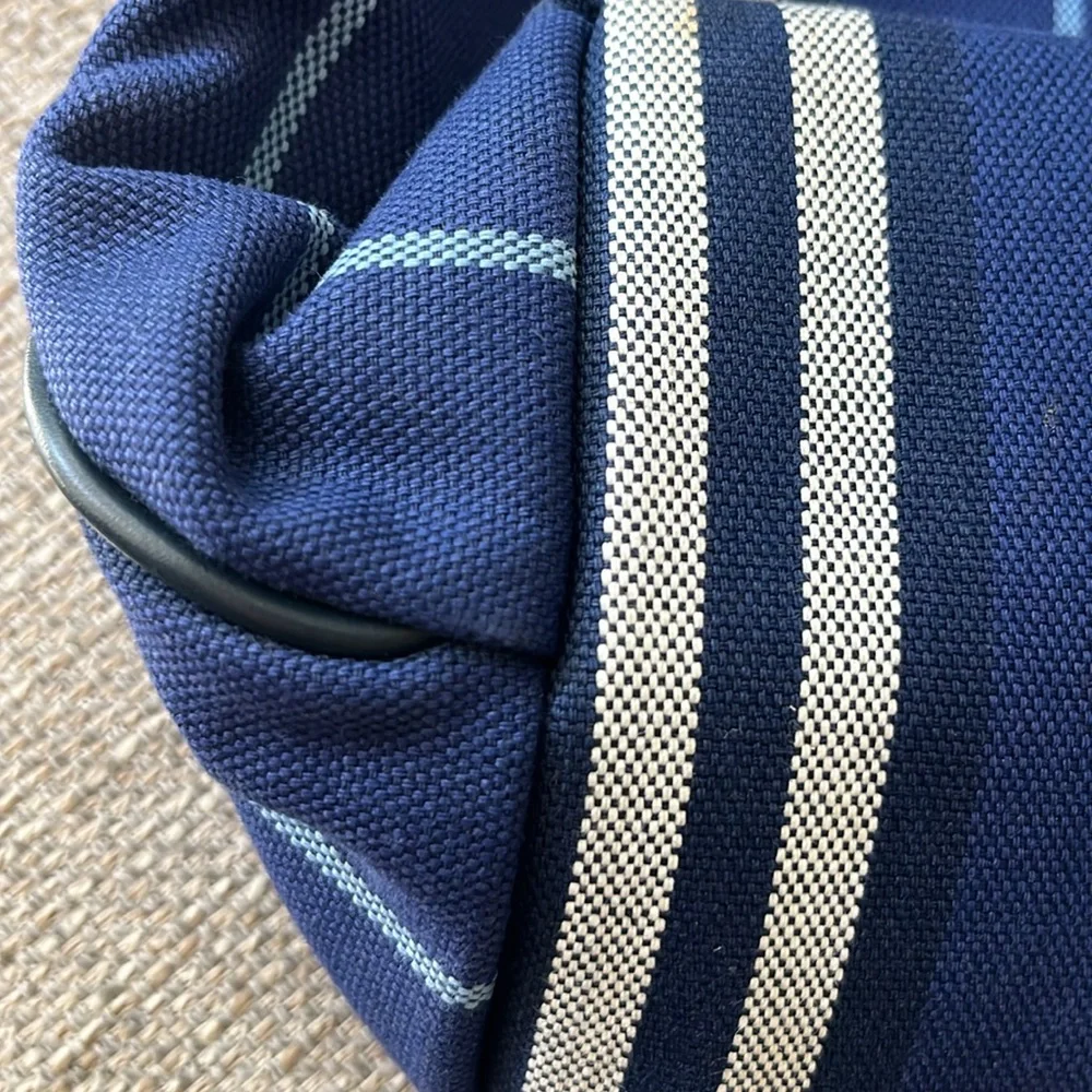 Burberry Navy Blue Striped Tote with Black Leather Pocket - Picture 10 of 12